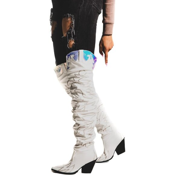 Women White Fabric Thigh High Over The Knee Pointed Toe Chunky Heel Fashion Boot - Picture 2 of 2